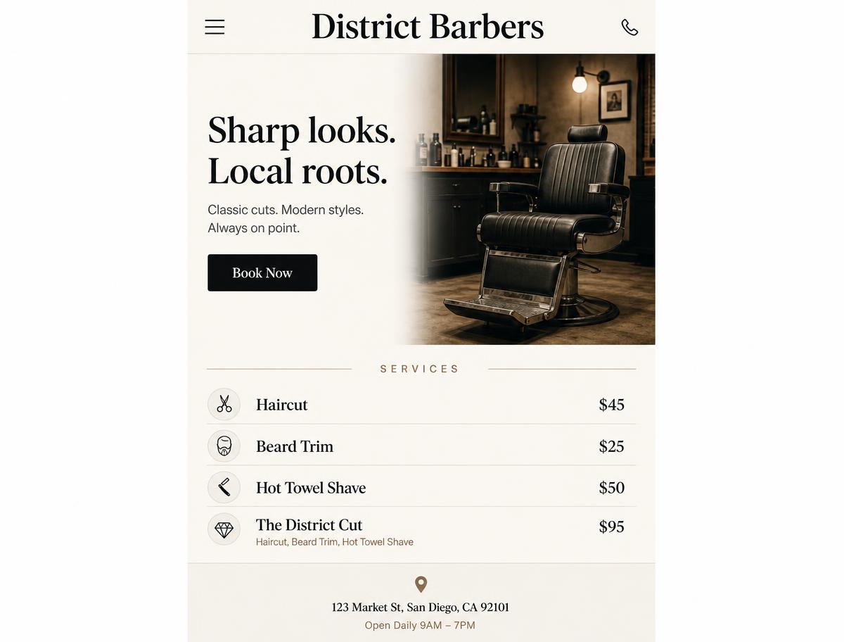 District Barbers website concept design